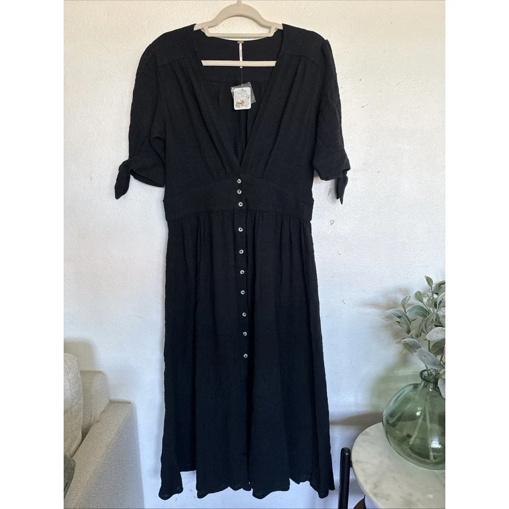 NWT Free People Love Of My Life Midi Dress Black Button front Sz L Large - Picture 3 of 11